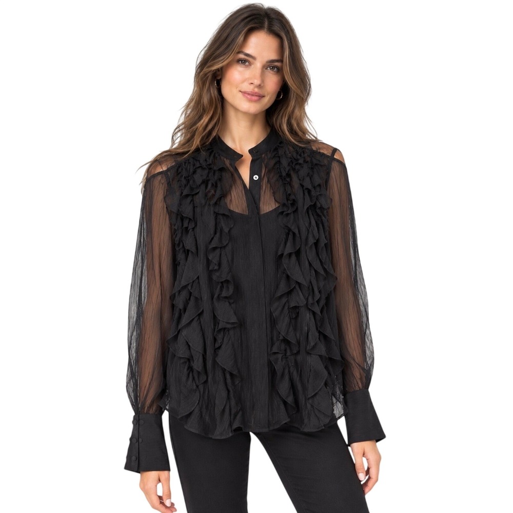 NWT J.Crew CF457 Ruffle Front Sheer Blouse Black Size 4 Cami Included